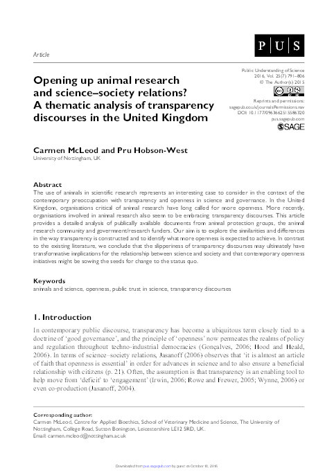Opening up animal research and science-society relations?: a thematic analysis of transparency discourses in the United Kingdom Thumbnail