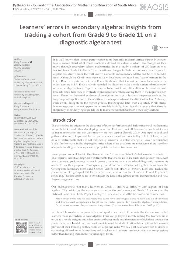 Learners’ errors in secondary algebra: insights from tracking a cohort from Grade 9 to Grade 11 on a diagnostic algebra test Thumbnail
