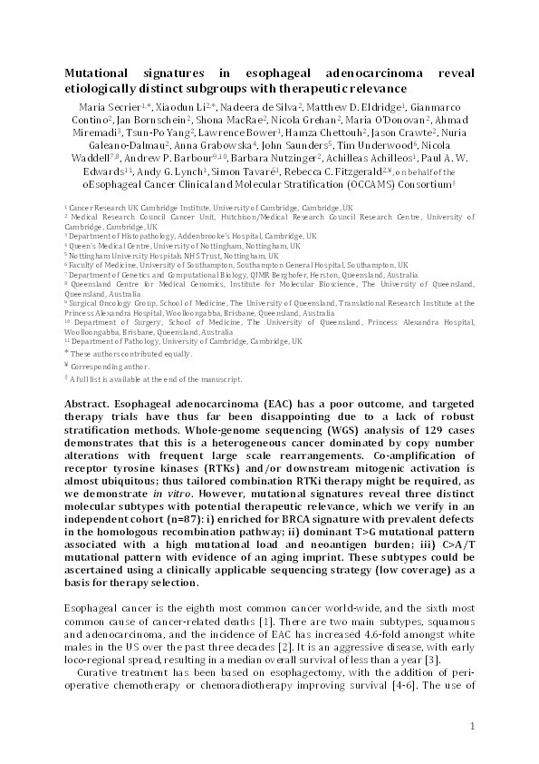 Mutational signatures in esophageal adenocarcinoma define etiologically distinct subgroups with therapeutic relevance Thumbnail