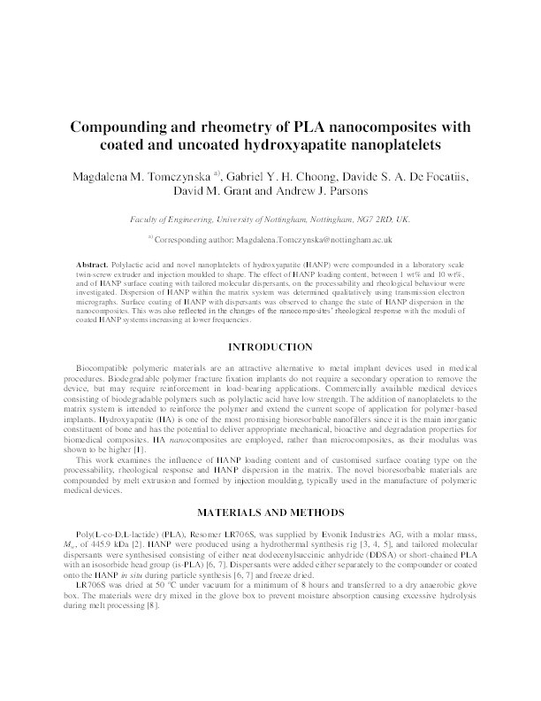 Compounding and rheometry of PLA nanocomposites with coated and uncoated hydroxyapatite nanoplatelets Thumbnail
