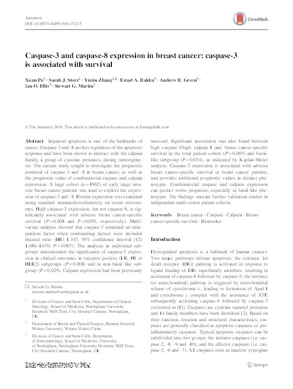 Caspase-3 and caspase-8 expression in breast cancer: caspase-3 is associated with survival Thumbnail