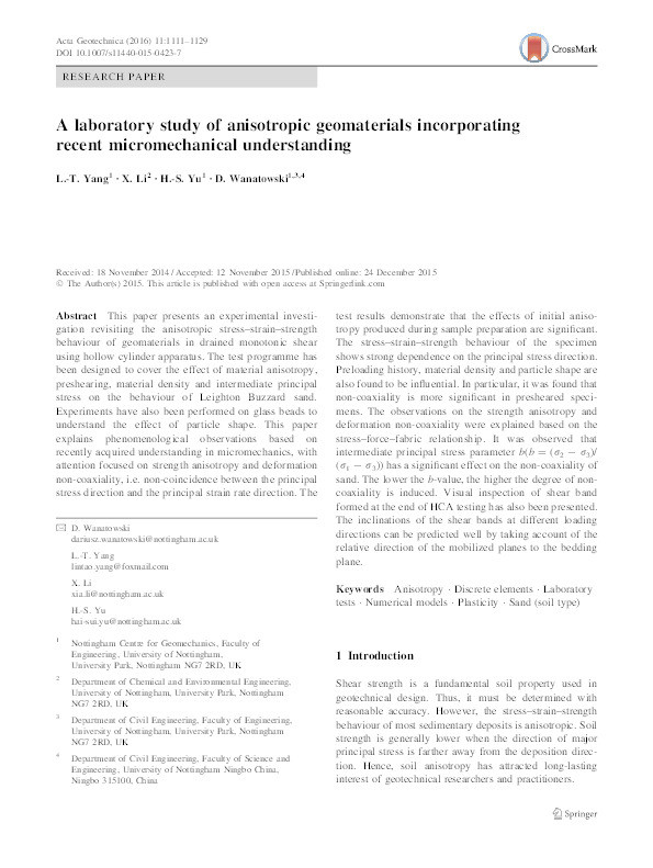 A laboratory study of anisotropic geomaterials incorporating recent micromechanical understanding Thumbnail