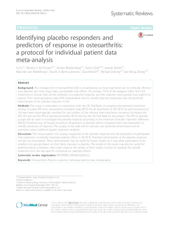 Identifying placebo responders and predictors of response in osteoarthritis: a protocol for individual patient data meta-analysis Thumbnail