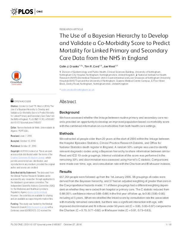 The use of a bayesian hierarchy to develop and validate a co-morbidity score to predict mortality for linked primary and secondary care data from the NHS in England Thumbnail