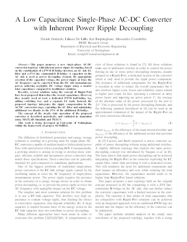 A low capacitance single-phase AC-DC converter with inherent power ripple decoupling Thumbnail