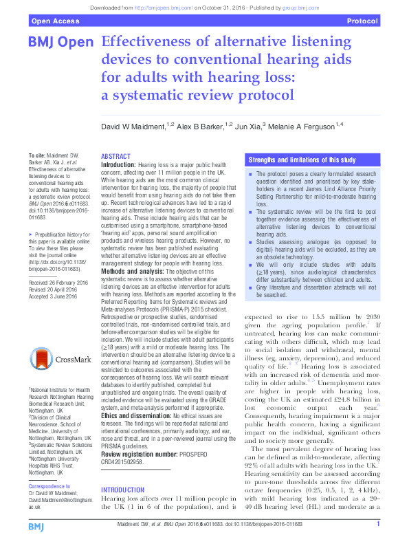 Effectiveness of alternative listening devices to conventional hearing aids for adults with hearing loss: a systematic review protocol Thumbnail