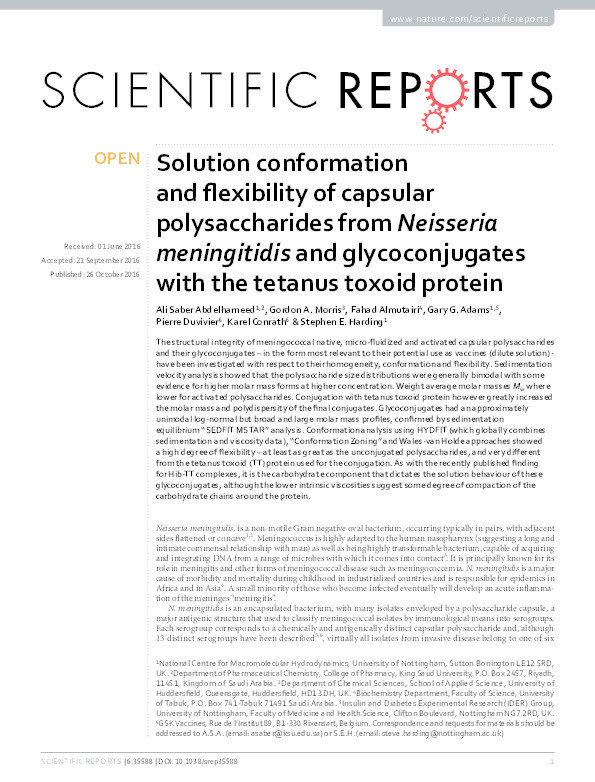 Solution conformation and flexibility of capsular polysaccharides from Neisseria meningitidis and glycoconjugates with the tetanus toxoid protein Thumbnail