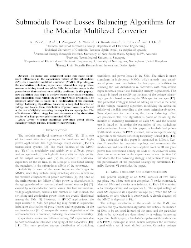 Submodule power losses balancing algorithms for the modular multilevel converter Thumbnail