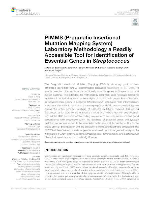 PIMMS (Pragmatic Insertional Mutation Mapping System) laboratory methodology a readily accessible tool for identification of essential genes in Streptococcus Thumbnail