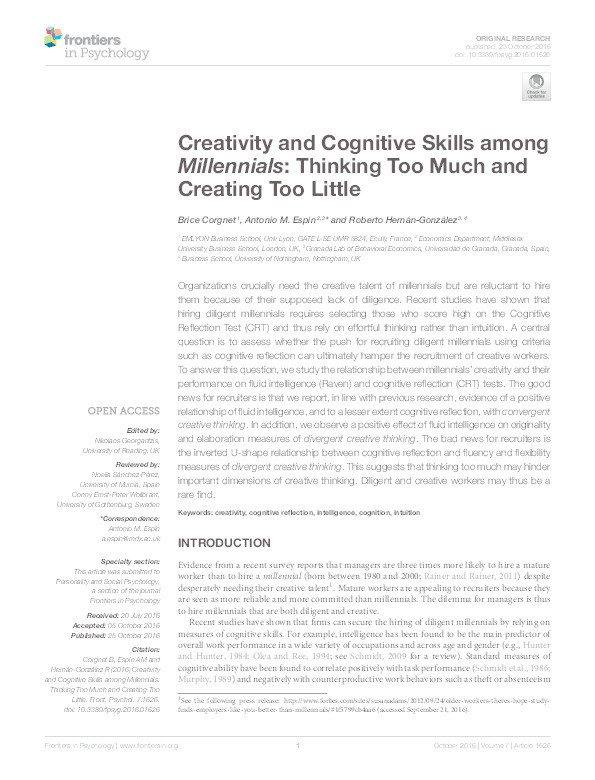 Creativity and cognitive skills among millenials: thinking too much and creating too little Thumbnail