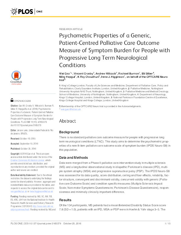 Psychometric properties of a generic, patient-centred palliative care outcome measure of symptom burden for people with progressive long term neurological conditions Thumbnail