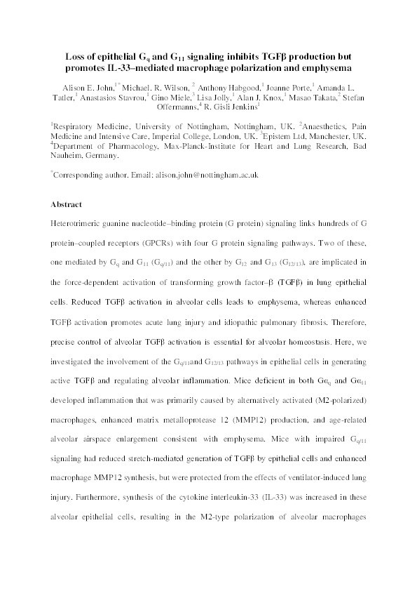 Loss of epithelial Gq and G11 signaling inhibits TGFβ production but promotes IL-33–mediated macrophage polarization and emphysema Thumbnail