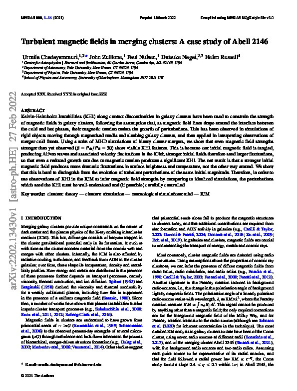 Turbulent magnetic fields in merging clusters: a case study of Abell 2146 Thumbnail