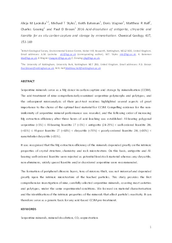 Acid-dissolution of antigorite, chrysotile and lizardite for ex situ carbon capture and storage by mineralisation Thumbnail