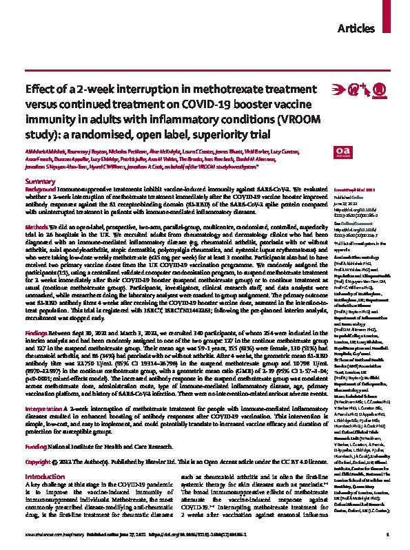 Effect of a 2-week interruption in methotrexate treatment versus continued treatment on COVID-19 booster vaccine immunity in adults with inflammatory conditions (VROOM study): a randomised, open label, superiority trial Thumbnail