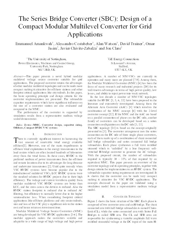 The Series Bridge Converter (SBC): Design of a compact modular multilevel converter for grid applications Thumbnail