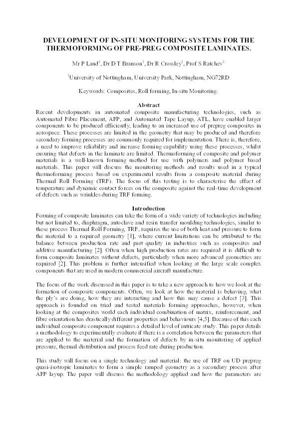 Development of in-situ monitoring systems for the thermoforming of pre-preg composite laminates Thumbnail