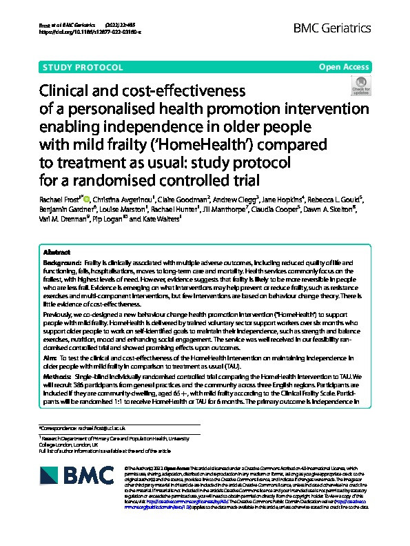 Clinical and cost-effectiveness of a personalised health promotion intervention enabling independence in older people with mild frailty (‘HomeHealth’) compared to treatment as usual: study protocol for a randomised controlled trial Thumbnail