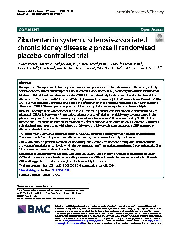 Zibotentan in systemic sclerosis-associated chronic kidney disease: a phase II randomised placebo-controlled trial Thumbnail