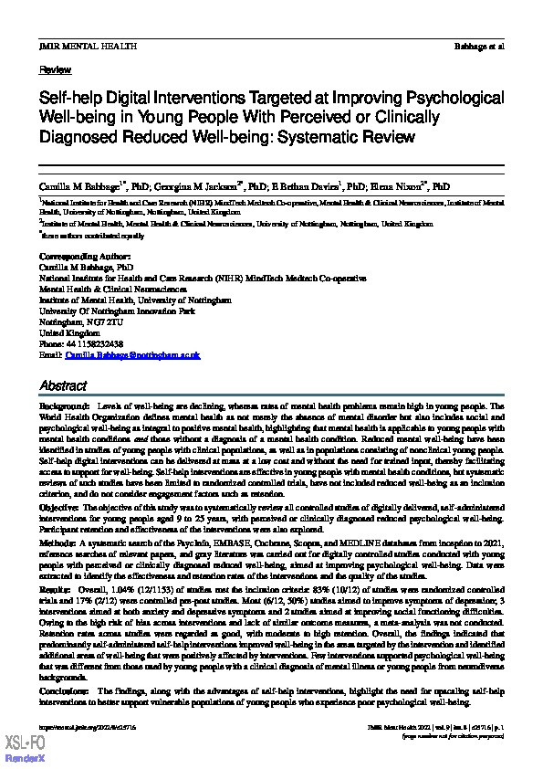 Self-help digital interventions targeted at improving psychological well-being in young people with perceived or clinically diagnosed reduced wellbeing:  Systematic Review Thumbnail