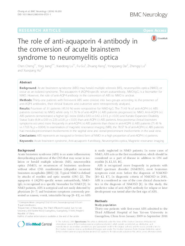 The role of anti-aquaporin 4 antibody in the conversion of acute brainstem syndrome to neuromyelitis optica Thumbnail