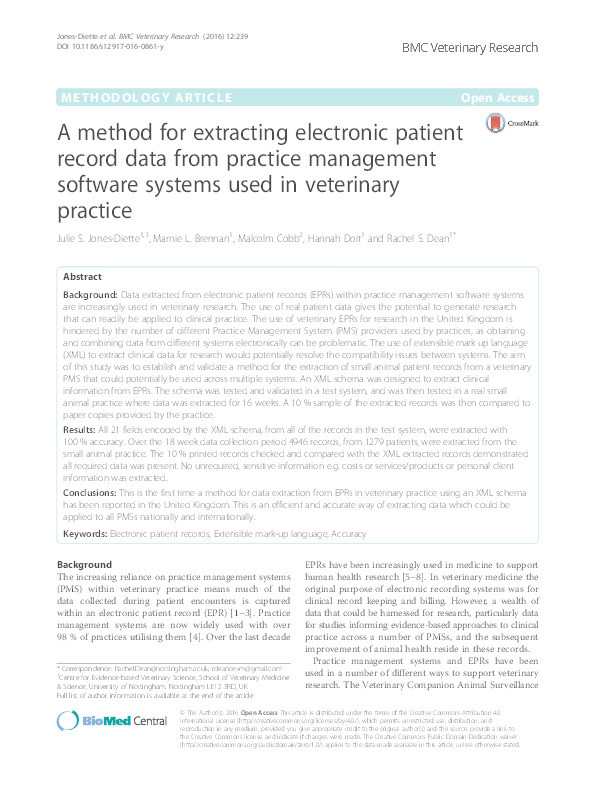 A method for extracting electronic patient record data from practice management software systems used in veterinary practice Thumbnail