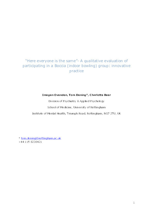 "Here everyone is the same" - a qualitative evaluation of participating in a Boccia (indoor bowling) group: innovative practice Thumbnail