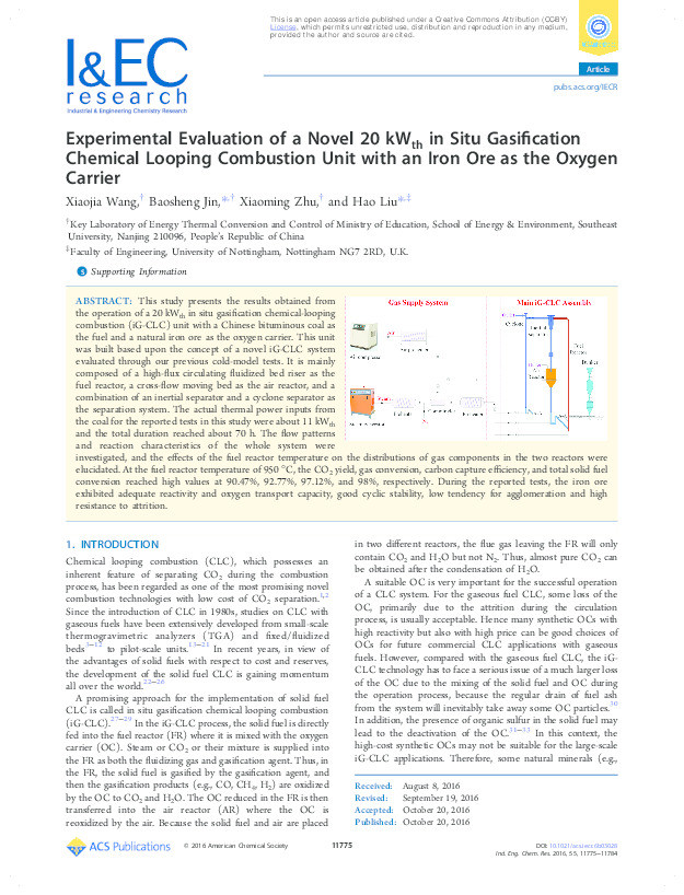 Experimental evaluation of a novel 20kWth in situ gasification chemical looping combustion unit with an iron ore as the oxygen carrier Thumbnail