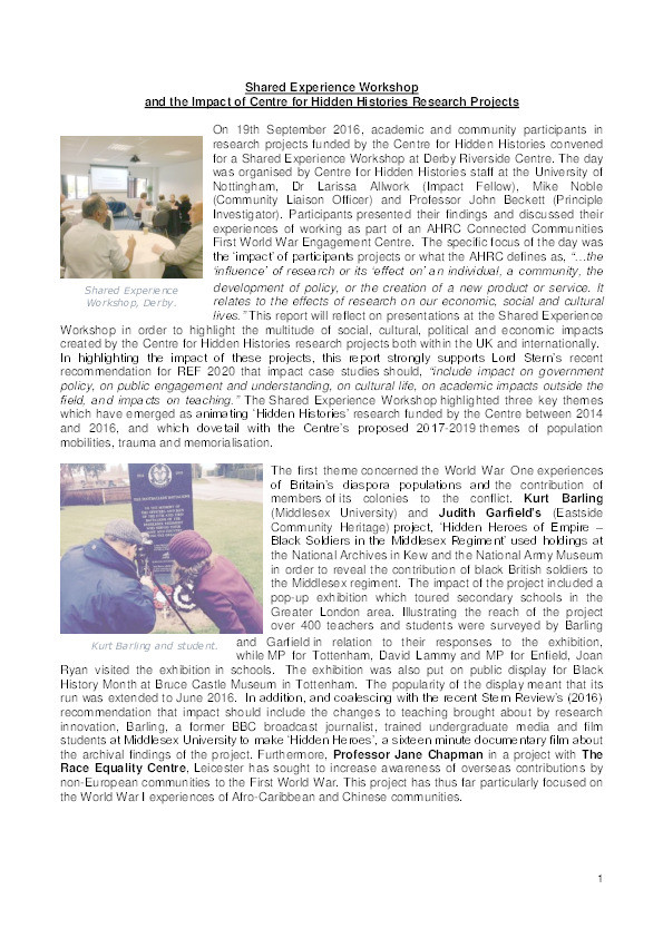 Shared Experience Workshop and the Impact of the Centre for Hidden Histories Research Projects Thumbnail