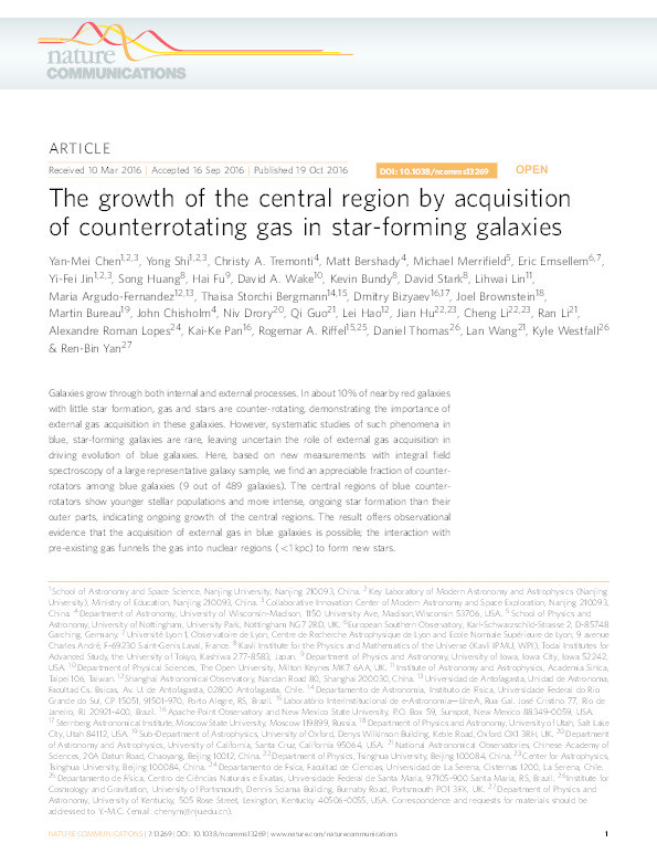 The growth of the central region by acquisition of counterrotating gas in star-forming galaxies Thumbnail
