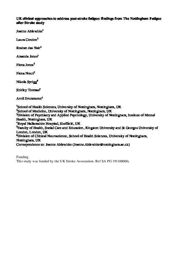 UK clinical approaches to address post-stroke fatigue: findings from The Nottingham Fatigue after Stroke study Thumbnail