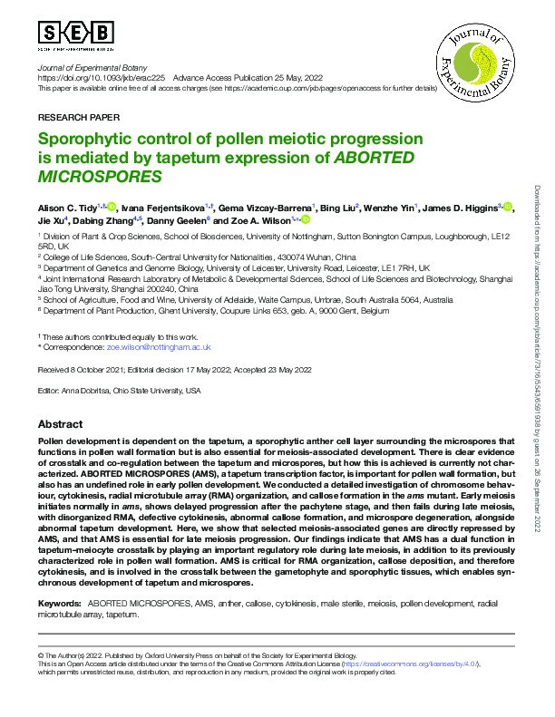 Sporophytic control of pollen meiotic progression is mediated by tapetum expression of ABORTED MICROSPORES Thumbnail