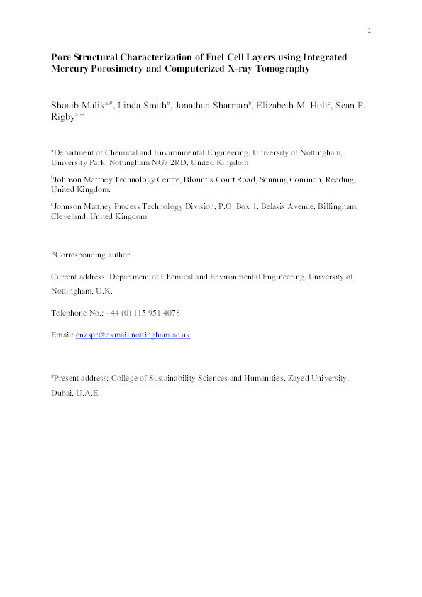 Pore Structural Characterization of Fuel Cell Layers Using Integrated Mercury Porosimetry and Computerized X-ray Tomography Thumbnail