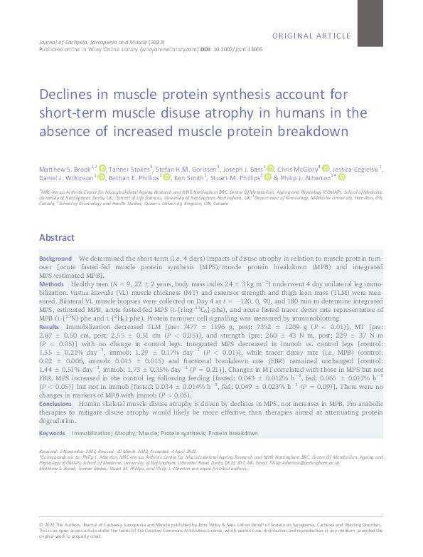 Declines in muscle protein synthesis account for short-term muscle disuse atrophy in humans in the absence of increased muscle protein breakdown Thumbnail