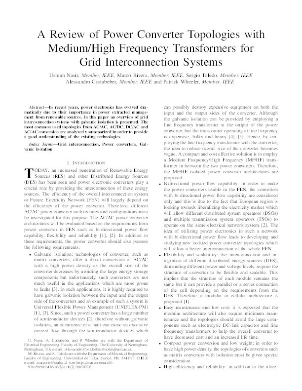 A review of power converter topologies with medium/high frequency transformers for grid interconnection systems Thumbnail