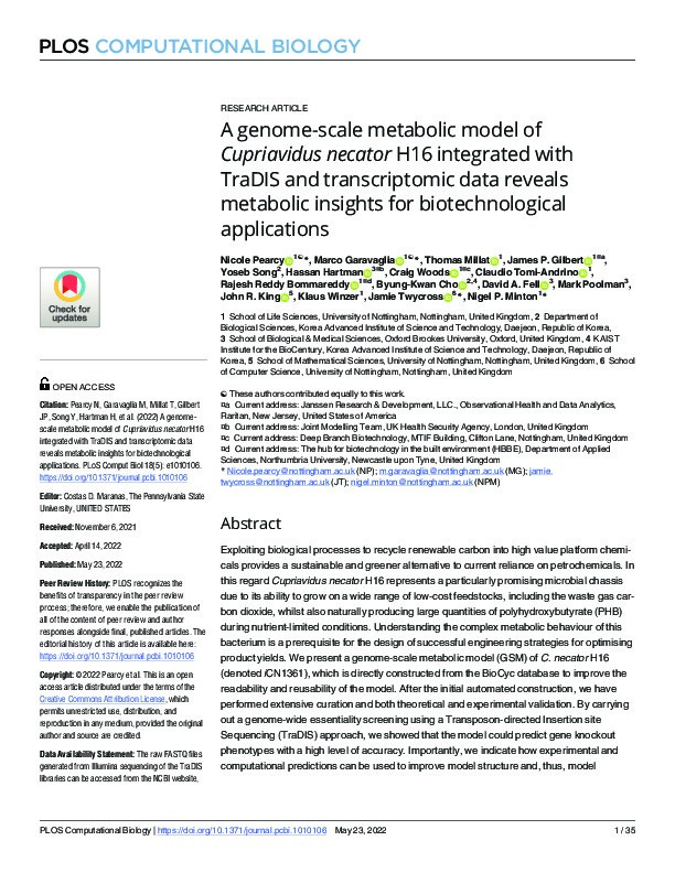 A genome-scale metabolic model of Cupriavidus necator H16 integrated with TraDIS and transcriptomic data reveals metabolic insights for biotechnological applications Thumbnail
