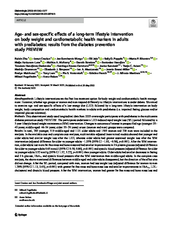 Age- and sex-specific effects of a long-term lifestyle intervention on body weight and cardiometabolic health markers in adults with prediabetes: results from the diabetes prevention study PREVIEW Thumbnail