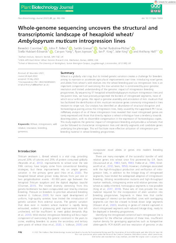 Whole-genome sequencing uncovers the structural and transcriptomic landscape of hexaploid wheat/Ambylopyrum muticum introgression lines Thumbnail