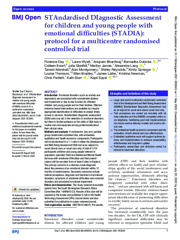 STAndardised DIagnostic Assessment for children and young people with emotional difficulties (STADIA): protocol for a multicentre randomised controlled trial Thumbnail