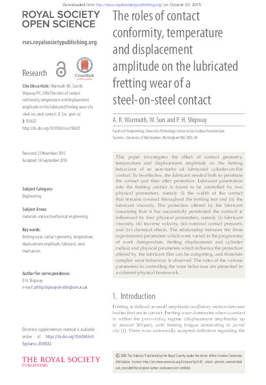 The roles of contact conformity, temperature and displacement amplitude on the lubricated fretting wear of a steel-on-steel contact Thumbnail