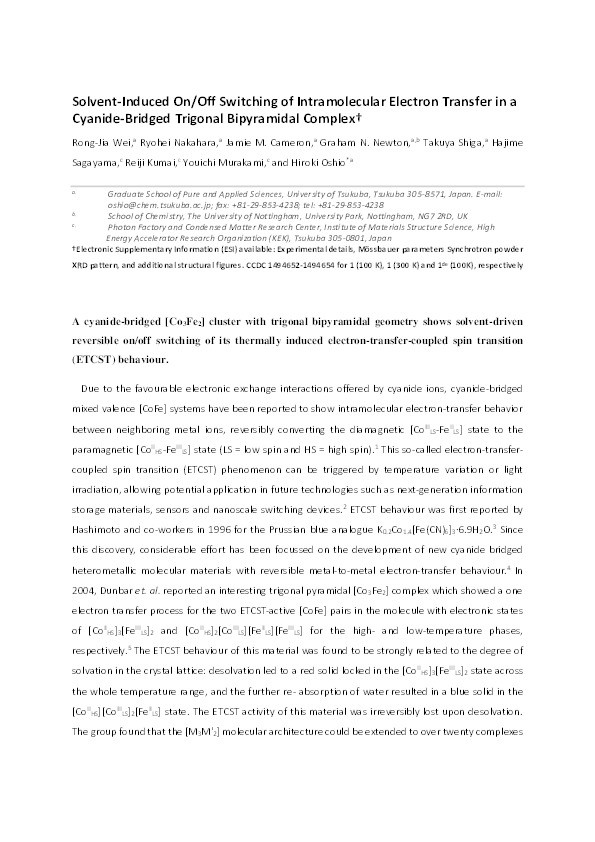 Solvent-induced on/off switching of intramolecular electron transfer in a cyanide-bridged trigonal bipyramidal complex Thumbnail