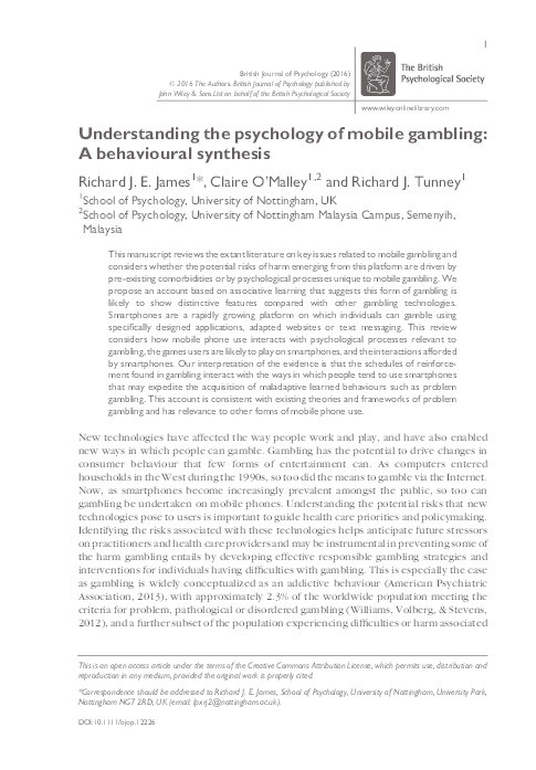 Understanding the psychology of mobile gambling: A behavioural synthesis Thumbnail