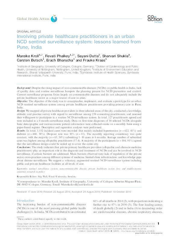 Involving private healthcare practitioners in an urban NCD sentinel surveillance system: lessons learned from Pune, India Thumbnail