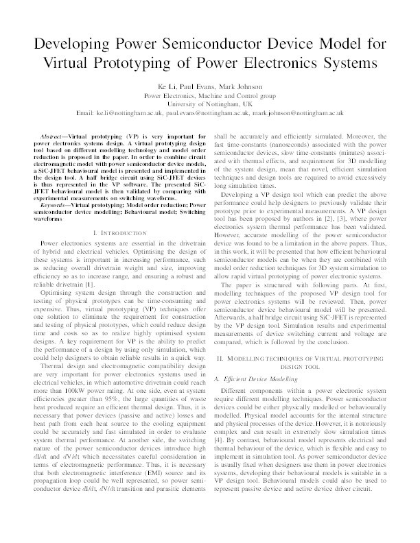 Developing power semiconductor device model for virtual prototyping of power electronics systems Thumbnail