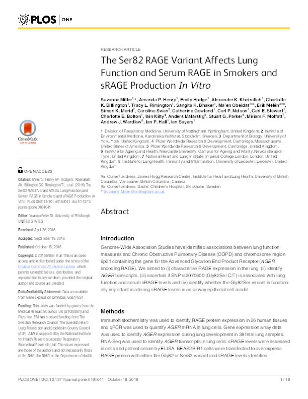 The Ser82 RAGE Variant Affects Lung Function and Serum RAGE in Smokers and sRAGE Production In Vitro Thumbnail