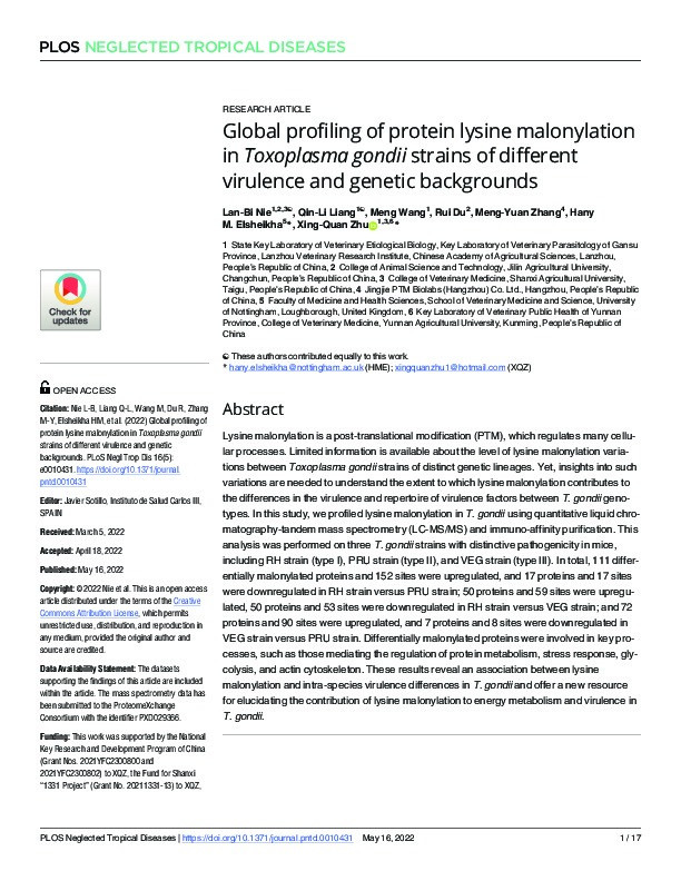 Global profiling of protein lysine malonylation in Toxoplasma gondii strains of different virulence and genetic backgrounds Thumbnail