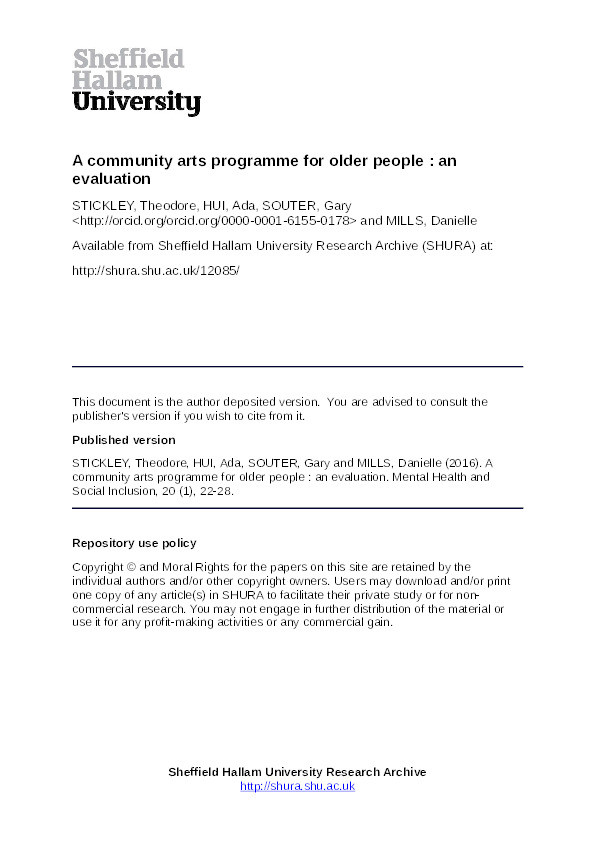 A community arts programme for older people: an evaluation Thumbnail