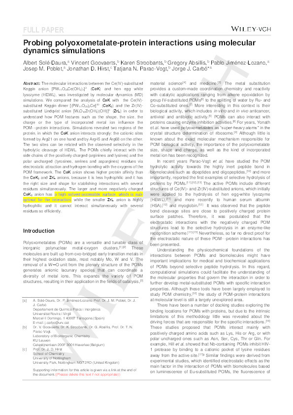 Probing polyoxometalate-protein interactions using molecular dynamics simulations Thumbnail