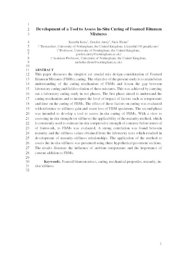 Development of a tool to assess in-situ curing of Foamed Bitumen Mixtures Thumbnail