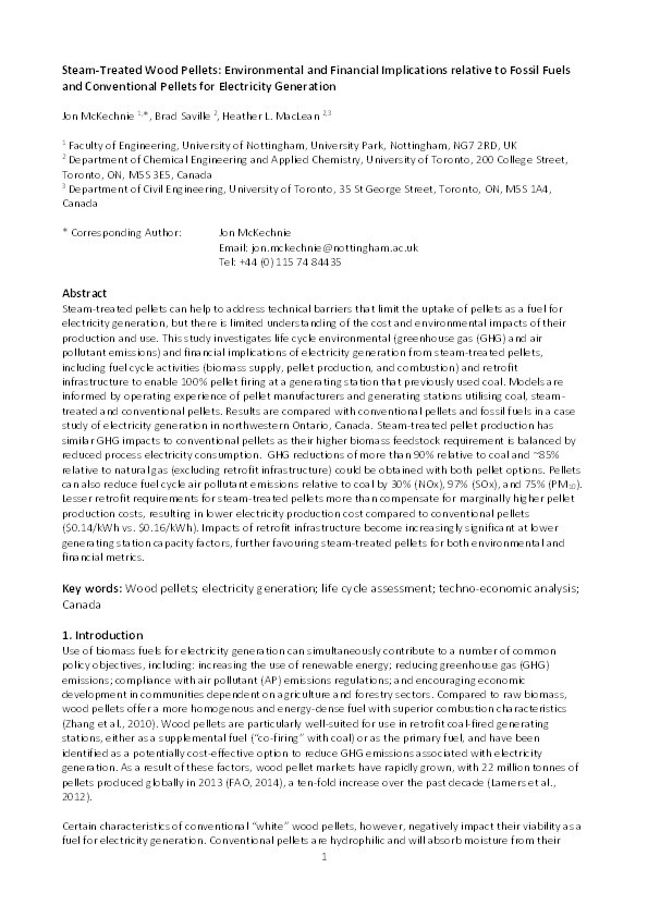 Steam-treated wood pellets: Environmental and financial implications relative to fossil fuels and conventional pellets for electricity generation Thumbnail